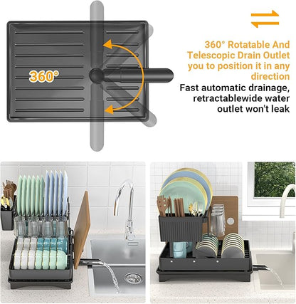 Large Dish Drying Rack 2 Tier for Kitchen Counter, Anti-Rust Metal Dish Rack with Lock & Lift System & Retractable Auto-Drain Spout, Escurridor de Platos with Cutting Board and Utensil Holder