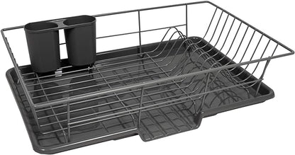 Sweet Home Collection 3 Piece Metal Dish Drainer Rack Set with Drying Board and Utensil Holder, 12" x 19" x 5", Gray