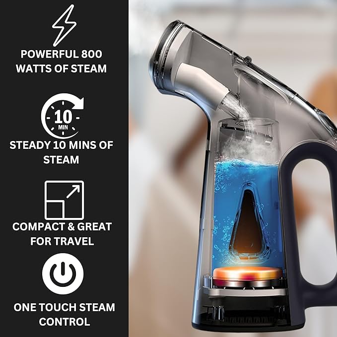 True & Tidy Compact Handheld Garment Steamer for Clothes, Travel Steamer with Stainless Steel Nozzle, 800 watts, Black