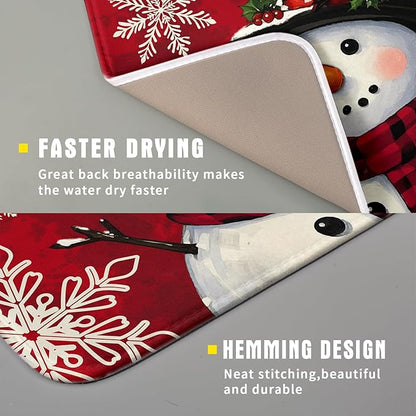 Christmas Snowman Dish Drying Mat for Kitchen Counter 16x18 Xmas Snowflake Winter Holiday Dark Red Absorbent Reversible Microfiber Drying Mats Kitchen Countertop Protector Dishes Drainer Rack Pad