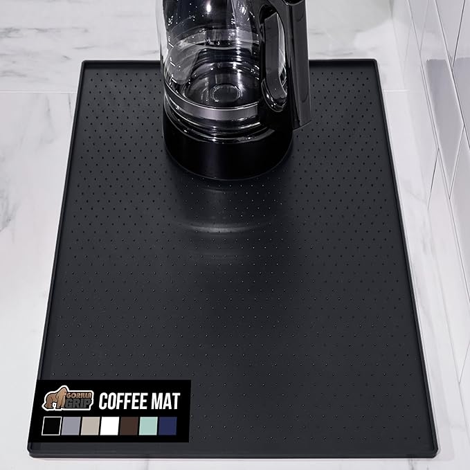GORILLA GRIP Silicone Coffee Mat, Espresso Machine Bar Accessories, Keep Kitchen Counters Clean, Stays in Place, Waterproof and Heat Resistant Dish Drying Mats, Home Decor Essentials, 11.5x18.6, Black