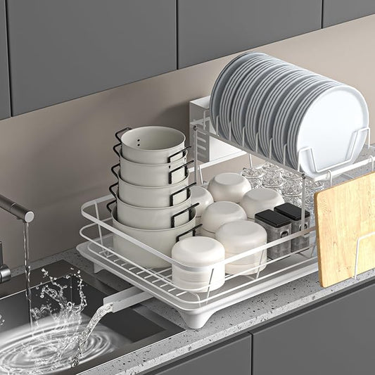 Dish Drying Rack,2-Tier Rustproof Steel Kitchen Organizer with Drainboard & Utensil Holder, Large Capacity Dish Drainer Organizer for Bowls/Cups/Bottles (MS-A-356-2)