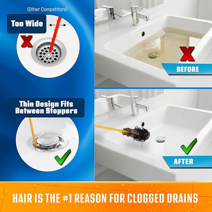 Flexisnake Drain Weasel Hair Clog Remover Kit – Plumbing Snake Auger for Cleaning Shower, Bath Tub, Bathroom Drains with Rotating Handle and 5 Disposable Wands, Made in USA