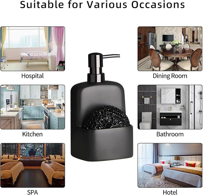 Dish Soap Dispenser - Kitchen Soap Dispenser with Sponge Holder Matte Ceramic Soap Daddy Dispenser 20oz for Kitchen (Matte Black)