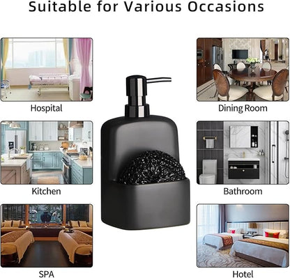 Dish Soap Dispenser - Kitchen Soap Dispenser with Sponge Holder Matte Ceramic Soap Daddy Dispenser 20oz for Kitchen (Matte Black)