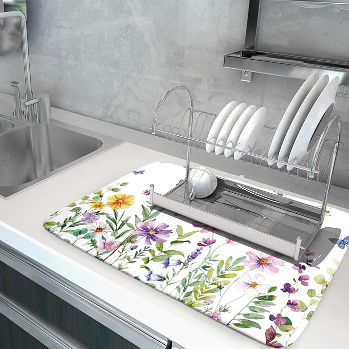 Wildflower Dish Drying Mat for Kitchen 24x18 Inch Colorful Floral Butterfly Drying Mat with Absorbent Reversible Microfiber Season Spring Dish Drainer Mats Rack Pad for Coffee Countertop Protector