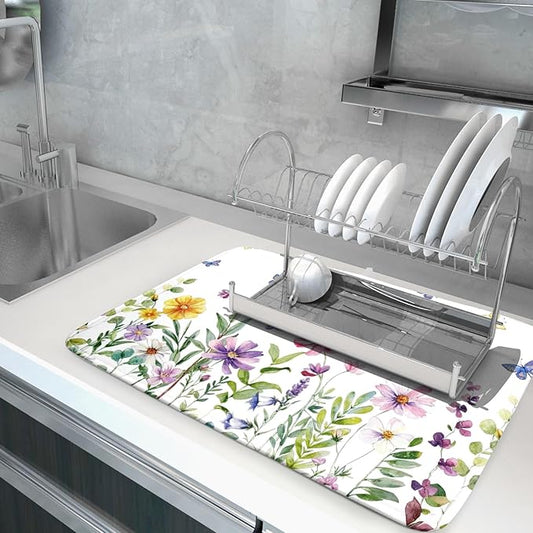Wildflower Dish Drying Mat for Kitchen 24x18 Inch Colorful Floral Butterfly Drying Mat with Absorbent Reversible Microfiber Season Spring Dish Drainer Mats Rack Pad for Coffee Countertop Protector