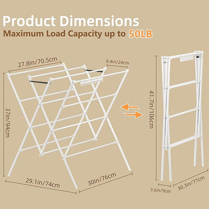 HOMIDEC Drying Rack Clothing,Large 12 Drying Poles with Sock Clips Clothes Drying Rack,Foldable Portable Laundry Drying Rack for Air Drying Clothing,Towels,Delicate Eac,Indoor Outdoor Use.White