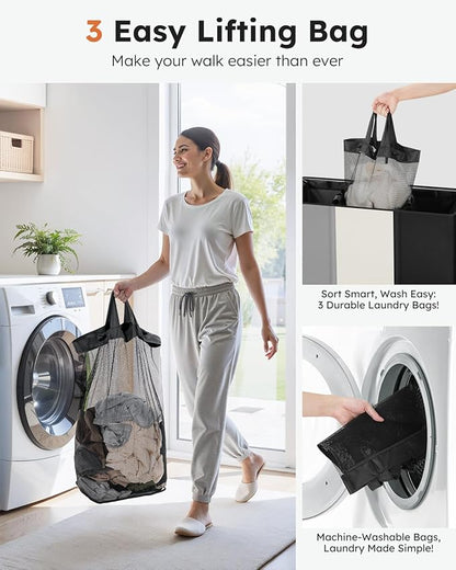 SOLEDI Laundry Hamper 3 section with lid and 3 Pcs Bag, Large Hamper 3 compartment 180L, Laundry Basket Laundry sorter Clothes hamper for Laundryroom Bedroom Blanket Storage Organizer