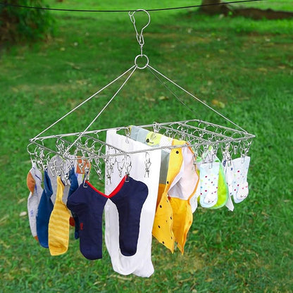 Folding Clothes Drying Hanger 36 Clips Stainless Steel Space-Saving Dryer Rack Washline with Peg for Sock, Underwear, Baby Clothes, Diapers and Hanging Small Washes