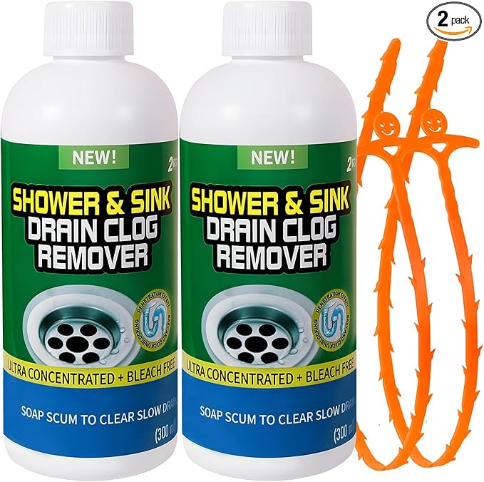 Drain Cleaner Clog Remover Liquid: Sink Kitchen Bathroom Shower Drain Cleaning Solution - Safe for Household Pipes Prevents Build-Up (2 Pcs)