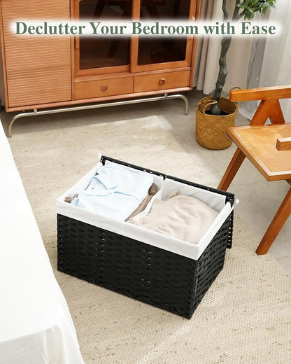 Storage Basket with Lid Rattan Storage Basket with 2 Separate Lid, 27.8 Gallon (105 L) 25.2 * 15.4 * 16.1 Inches Woven Wicker Baskets with 2 Liners and Handles for Bedroom Laundry Black