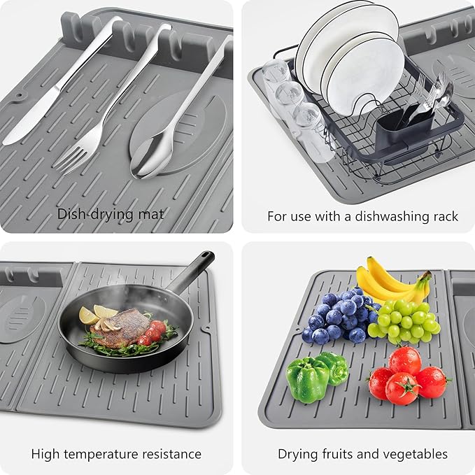 Silicone Dish Drying Mat for Kitchen Counter, Collapsible Dish Drainer Mat, Dish Drying Rack, Non-Slip, Easy to Clean (18.7x13.2 Inch)
