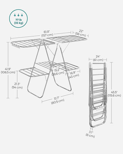 SONGMICS Clothes Drying Rack, Foldable 2-Level Laundry Drying Rack, Free-Standing Laundry Airer, with Height-Adjustable Wings, 33 Drying Rails, Sock Clips, Silver and White ULLR053W01V1