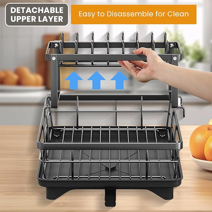 Dish Drying Rack,2-Tier Rustproof Steel Kitchen Organizer with Drainboard & Utensil Holder, Large Capacity Dish Drainer Organizer for Bowls/Cups/Bottles (MS-A-356-1)