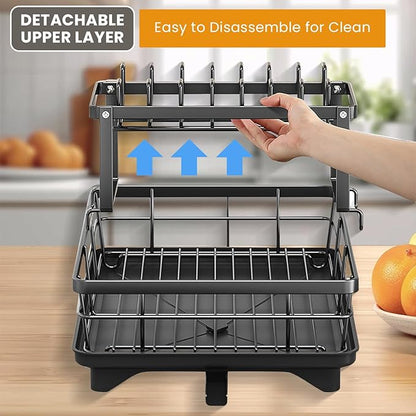 Dish Drying Rack,2-Tier Rustproof Steel Kitchen Organizer with Drainboard & Utensil Holder, Large Capacity Dish Drainer Organizer for Bowls/Cups/Bottles (MS-A-356-1)