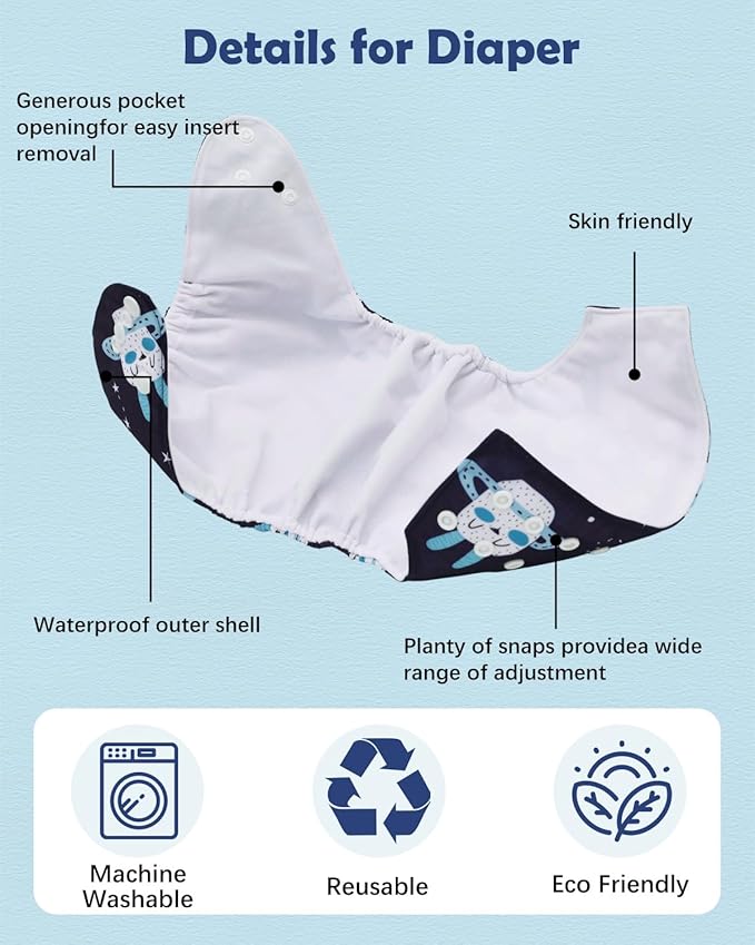 babygoal Boy Cloth Diapers Pack of 13, Baby Reusable Washable Pocket Nappy, 6pcs Diapers+6pcs Rayon from Bamboo Inserts+Wet Bag