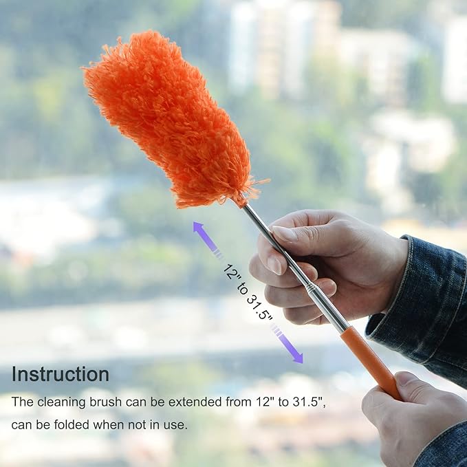 MECCANIXITY Microfiber Cleaning Duster, 12 to 31.5 Inch Washable Extendable Brush Flexible Feather Duster for Window Furniture, Orange