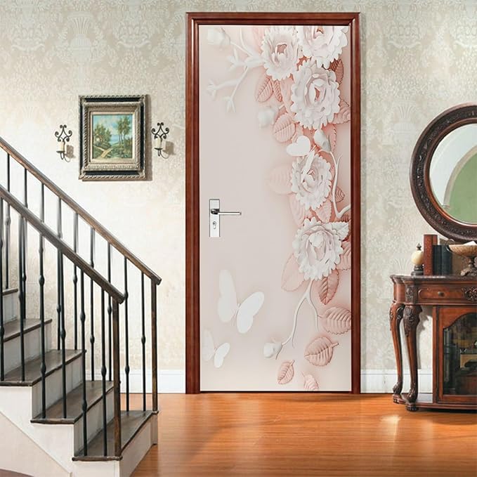 A.Monamour 3D Door Stickers for Interior Doors Pink White Flowers Floral Background Vinyl Waterproof Self Adhesive Door Mural Decals for Bedroom Office Bathroom 77x200cm