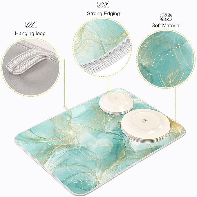 Dish Drying Mats for Kitchen Counter Green Turquoise Cyan Mint Liquid Microfiber Drying Matt for Countertop Sink Dishes Medium 16 x 18 Inches