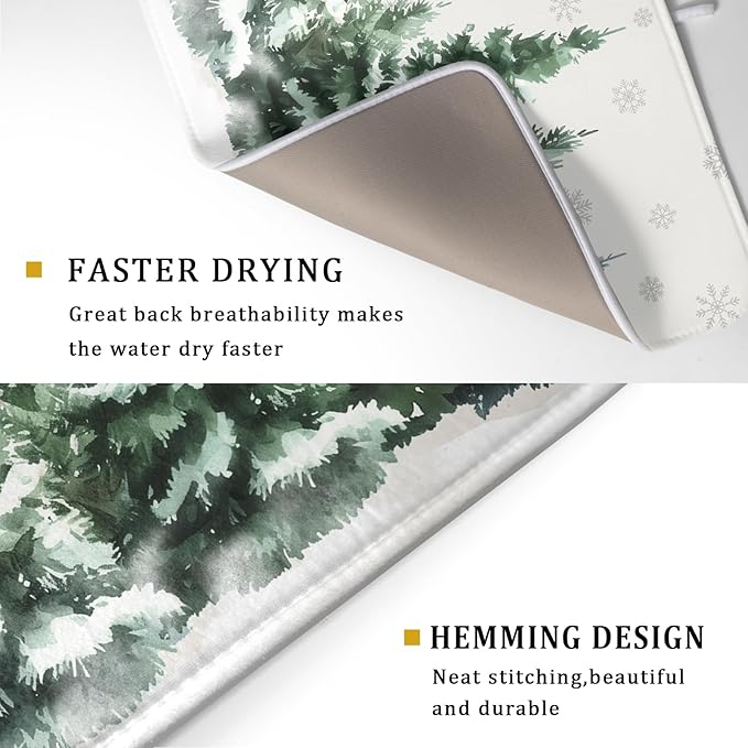 Christmas Dish Drying Mat 16x18 Inch Xmas Forest Tree Absorbent Dish Drainer Protector Pad Winter Holiday Microfiber Drying Mats Absorbent Reversible Dish Pad Kitchen Accessories for Countertop
