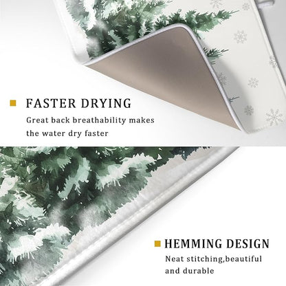 Winter Pine Tree Dish Drying Mat for Kitchen Counter 18x24 Inch Winter Decorative Dishes Mats Winter Absorbent Reversible Kitchen Drainer Pad Christmas Decorations Fast Dry Tableware Dishes Pad