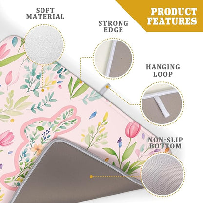 Spring Easter Bunny Flowers Pink Dish Drying Mat 18 x 24 Inch With Absorbent Reversible Microfiber Butterfly Tulip Floral Rabbit Holiday Drying Mats Fast Dry Pad Draining Mat For Kitchen Countertop