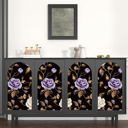 Laatse Golden Floral Wallpaper Peel and Stick Vintage Purple Gold Rose Contact Paper Self Adhesive Removable Retro Dark Flower Wall Mural for Bedroom Walls Shelves Cabinet Table Decor 17.5" x 118"