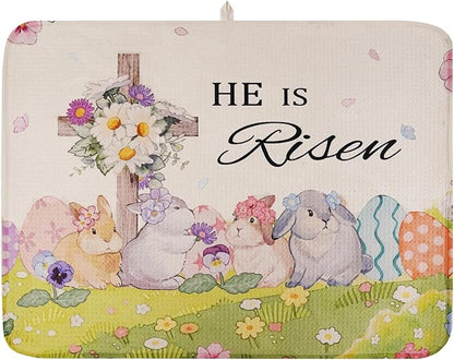 Easter Dish Drying Mat, Ultra Absorbent Easter Drying Mat for Kitchen Counter, Coffee Maker, 18 x 24 Inch
