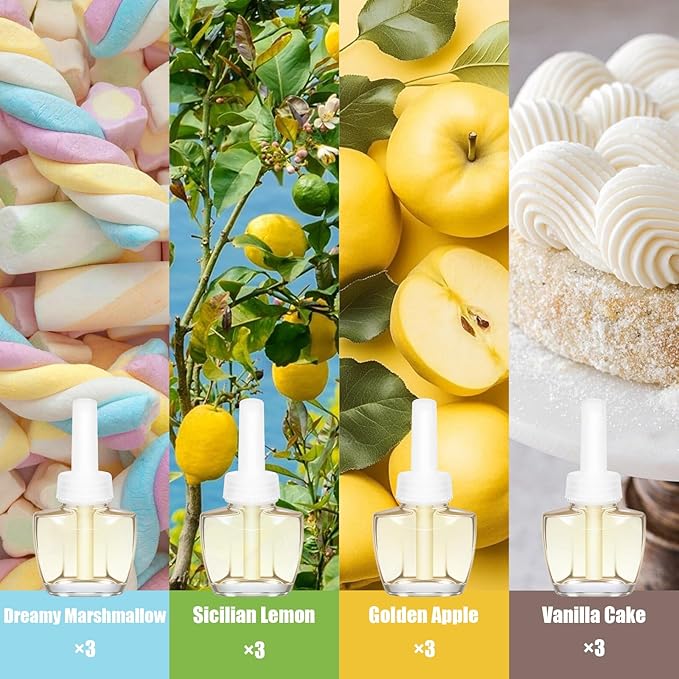 Plug In Refills Air Freshener, Dreamy Marshmallow, Sicilian Lemon, Golden Apple, Vanilla Cake, for Home, 7.92 Fl Oz, 12 Count, Compatible with Air Wick & Glade, Not Include Glade Plus