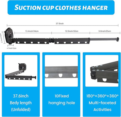 Suction Cup Drying Rack Wall Mounted, Foldable Clothes Hanger Wall Mount, Suction Cup Clothes Drying Rod, Laundry Rack Wall Mounted with 10 Hooks, Laundry Hanger Dryer Rack (2 Folds), Black