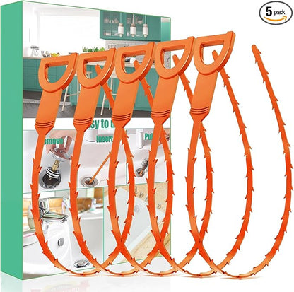 Drain Snake Hair Drain Clog Remover - 5 Pack Shower Snake Sink Unclogger Tool with Exquisite Packaging (Orange)