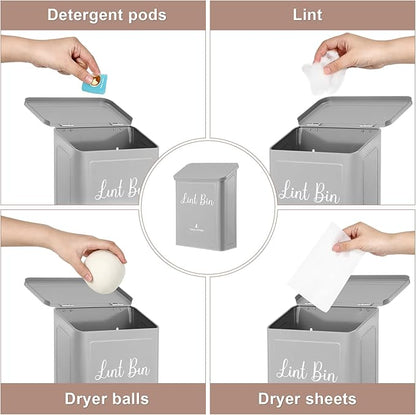 SUBEKYU Metal Magnetic Lint Bin for Laundry Room, Wall Mounted Lint Box Holder with Lid for Dryer,Light Grey