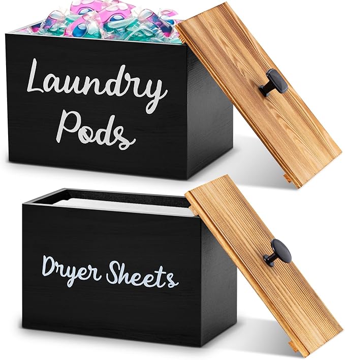 Dandat 2 Pcs Wood Rustic Laundry Dryer Sheet Holder Pod Container with Lid 8.7 x 6.3 x 6.4 Inch Laundry Pod Holder 7.3 x 3.7 x 5 Inch Dryer Sheet Dispenser Wooden Box Container(Black)