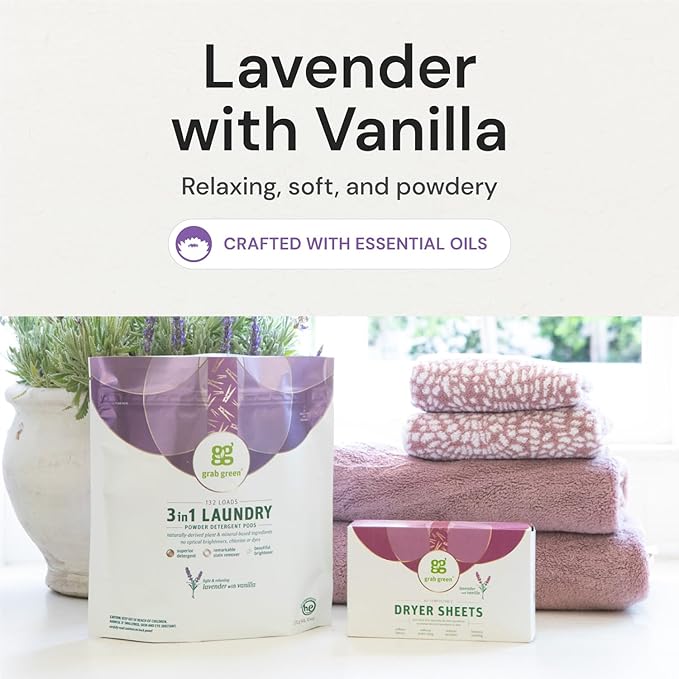 Grab Green 3-in-1 Laundry Detergent Pods and Dryer Sheet Bundle, 60 Count Pods and 80 Dryer Sheets, Lavender Vanilla Scent, Plant and Mineral Based Laundry Essentials