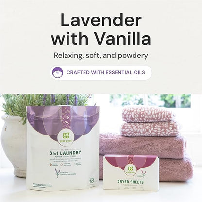 Grab Green 3-in-1 Laundry Detergent Pods and Dryer Sheet Bundle, 60 Count Pods and 80 Dryer Sheets, Lavender Vanilla Scent, Plant and Mineral Based Laundry Essentials