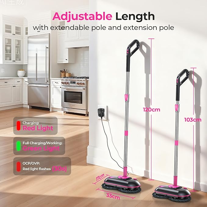 ScrubWiz Cordless Electric Mop, Electric Spin Mop with Water Spray, Powerful Floor Cleaner, Super Quiet Cleaning & Waxing, Pink and Black