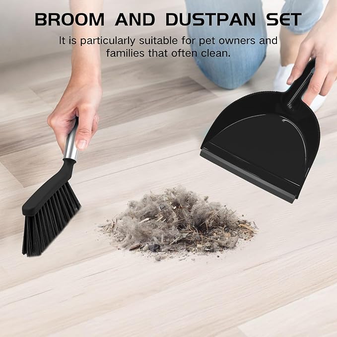 NACENA Mini Broom and Dustpan Set 2 Packs, Small Dust Pan and Brush Set with Handle Dustpan Teeth for Cleaning Hair Suitable for Office Desks Drawers Sofas Outdoor Camping, Black