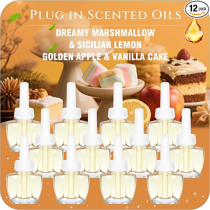 Plug In Refills Air Freshener, Dreamy Marshmallow, Sicilian Lemon, Golden Apple, Vanilla Cake, for Home, 7.92 Fl Oz, 12 Count, Compatible with Air Wick & Glade, Not Include Glade Plus