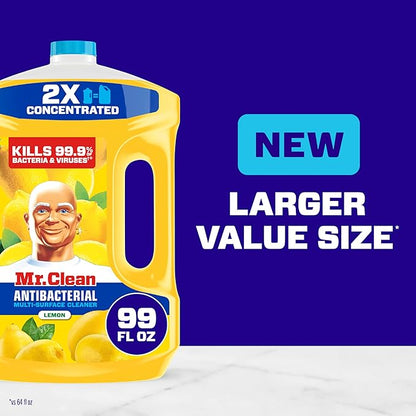 Mr. Clean Antibacterial All Purpose Cleaner, Floor Cleaner for Mopping Home, Bathroom, & Kitchen, Cleaning Liquid for Mop & Bucket, Cleaning Supplies, Multi-Surface Dilutable, Lemon, 99oz