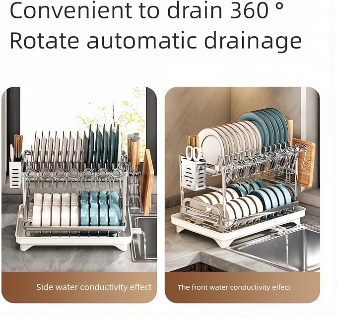 TarnorLe Double Layer Dish Drying Rack, Storage Super Large Bowl Dish Rack, Multifunctional Kitchen Countertop with Drain Pan, 304 Stainless Steel Kitchen Drying Rack, Tableware, Glass Drying Rack