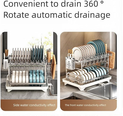 TarnorLe Double Layer Dish Drying Rack, Storage Super Large Bowl Dish Rack, Multifunctional Kitchen Countertop with Drain Pan, 304 Stainless Steel Kitchen Drying Rack, Tableware, Glass Drying Rack