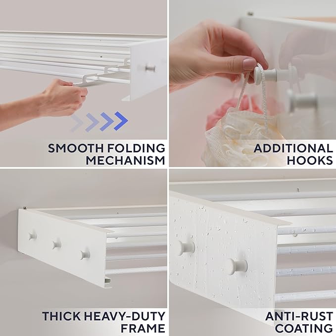 Delfori Foldable Wall Mounted Drying Rack 40 inch - Easy to Install Hanging Rack for Laundry Room - Space Saving Design with 66-lb Capacity - Perfect Drying Racks for Clothes Towels & More