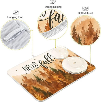 Hello Fall Forest Dish Drying Mat for Kitchen Countertop 16x18 Autumn Pine Tree Small Drying Mat Reusable Quick Dry Dish Sink Mats Easy Clean Decorative Essentials