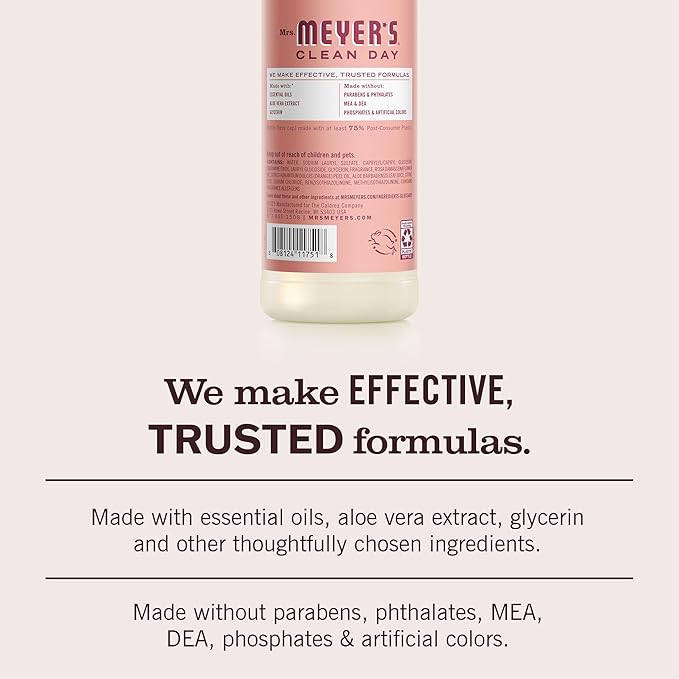 MRS. MEYER'S CLEAN DAY Liquid Dish Soap, Rose Scent, 16 Fl Oz Bottle - 3 Pack