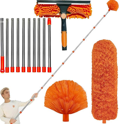 20+ Feet High Reach Dusting Kit with 3-14 ft Extension Pole //2 in 1 Window Cleaning Kit // High Ceiling Duster // Cobweb Microfiber Duster // Outdoor & Indoor Extendable Duster Cleaning Kit