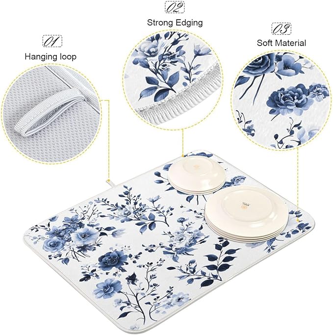 Blue White Porcelain Flower Dish Drying Mat for Kitchen Counter Absorbent Microfiber Drying Pad, Medium 16x18 in