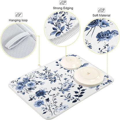 Blue White Porcelain Flower Dish Drying Mat for Kitchen Counter Absorbent Microfiber Drying Pad, Large 18x24 in
