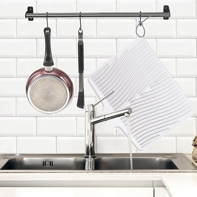 TIKNIK Silicone Dish Drying Mat, Stone Drying Mat for Kitchen Counter with Built-In Drain, Non-Slip Drain Pad with Built-in Drain, Heat Resistant Stone Drying Mat, Hangable, White-1pcs, 20" x 15"