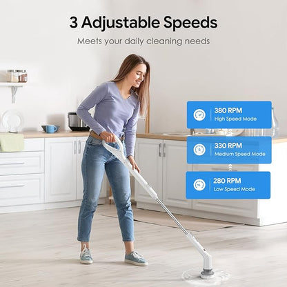 Electric Spin Scrubber, 2026 New Cordless Cleaning Brush, Shower Cleaning Brush with 7 Replaceable Brush Heads, Power Scrubber 3 Adjustable Speeds, Detachable Long Handle & IPX7 Waterproof